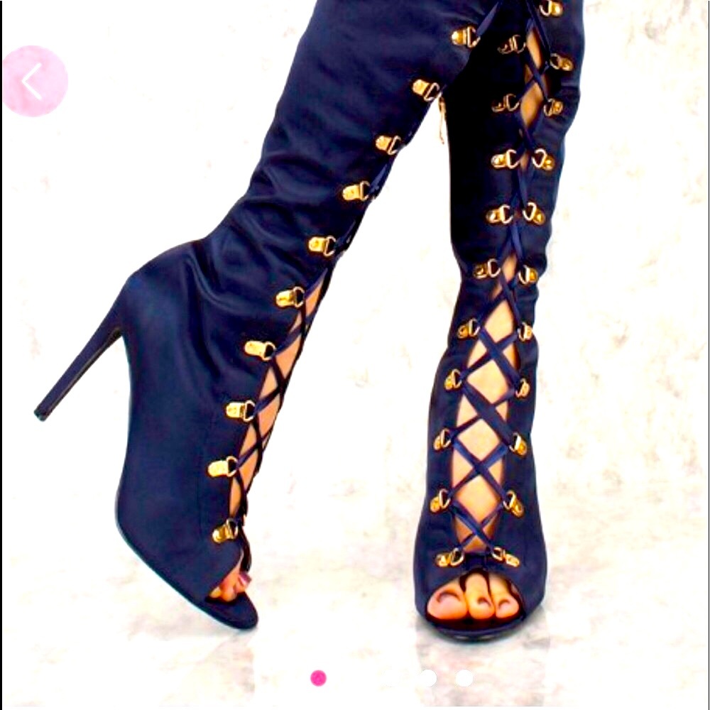 Royal Blue Lace Up Front Thigh High Boots Satin